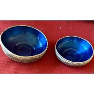 Vintage Norwegian Tin And Enamel Blue Jewlery Bowl 5” And 3.5” Diameter SET OF 2